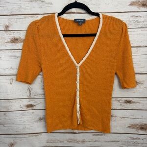 ModCloth Orange Ribbed Button Short Sleeve Cardigan Sweater